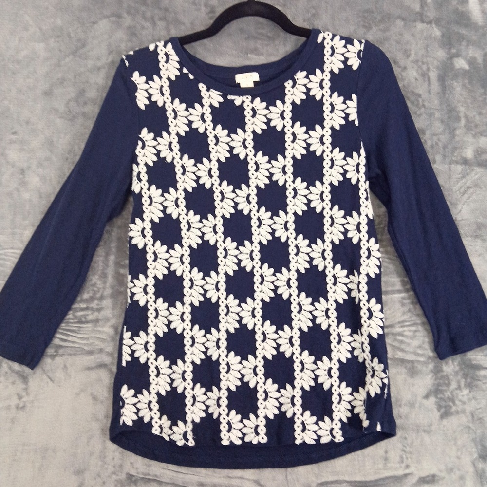 J Crew Shirt Womens Small Embroidered Floral 3/4 Sleeve Top Blouse Boho Casual